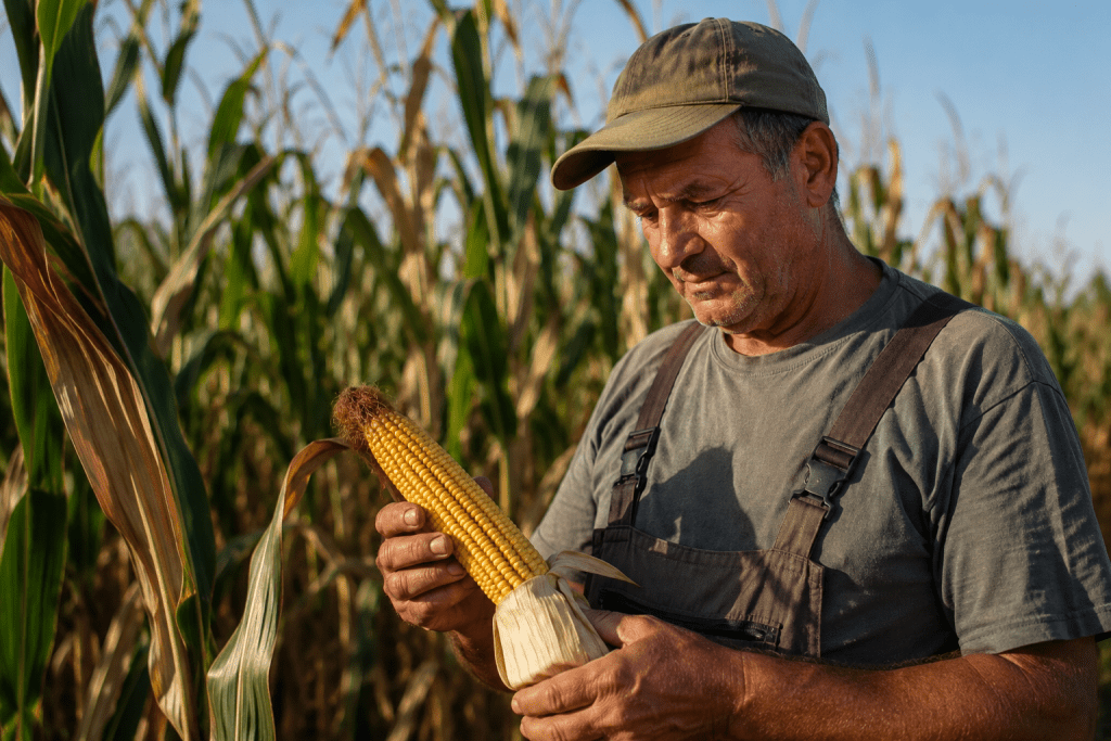 Farmer pregledava kukuruz na njivi — ratarska praksa ZEA d.o.o.